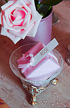 肥皂,包装,粉色,纸,标签,靠近,玫瑰