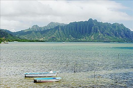 夏威夷,瓦胡岛,卡内奥赫湾,小船,锚定,平静,蓝色,海洋,生动,山峦,背景