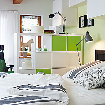 风景,床,隔断,闭合,白色,友好,绿色,复古风格,灯,床上用品