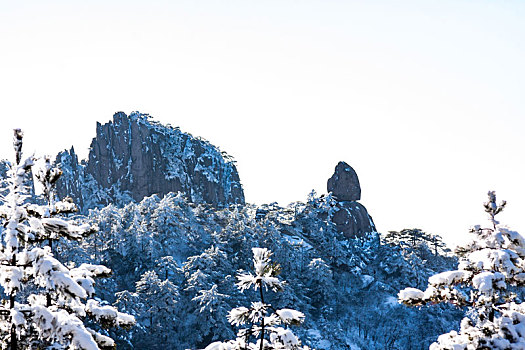 中国安徽黄山风景区,冬日雪后奇峰怪石林立,云雾飘渺宛若仙境