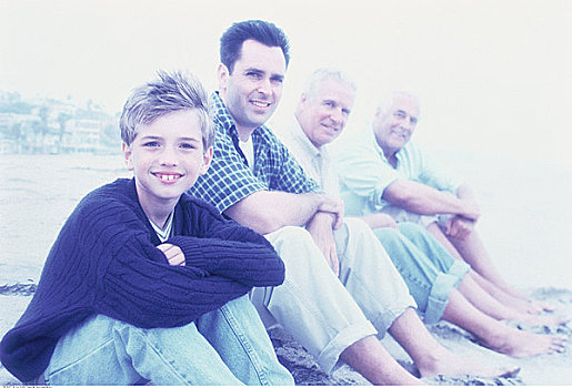 肖像,四代人,男人,坐,海滩