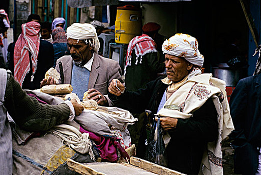 也门,老城,露天市场,市场,男人,买,面包