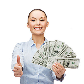 商务,钱,概念,年轻,职业女性,美元,展示,竖大拇指