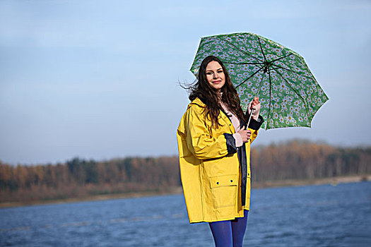 微笑,女人,穿,伞,湖