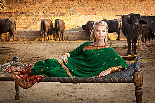 肖像,金发,女人,戴着,纱丽,卧,吊床,牛,背景,旁遮普,印度
