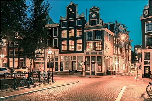 夜晚,城市风光,阿姆斯特丹,房子