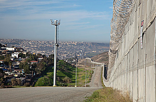 美国,墨西哥,左边,道路,摄影,白天,夜晚,监视,边界,新,栅栏,右边,提华纳,加利福尼亚