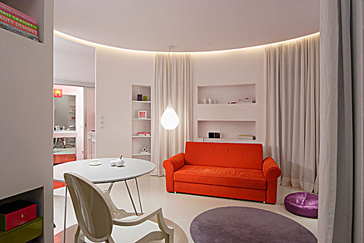 橙色,沙发,白色,桌子,设计师,吊坠,灯,圆形,现代,公寓,帘,分隔