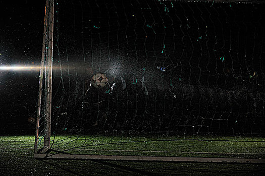 足球,球门,守门员,夜晚,落下,雨