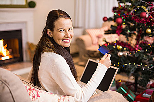 微笑,黑发,网上购物,笔记本电脑,圣诞节