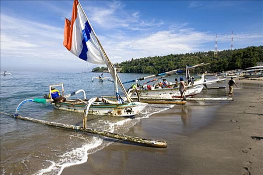 舷外支架,渔船,向上,海滩,印度尼西亚