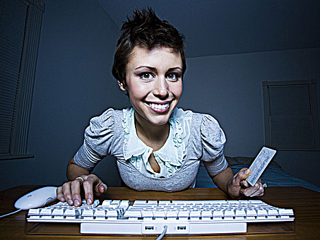 坐,女人,键盘,信用卡