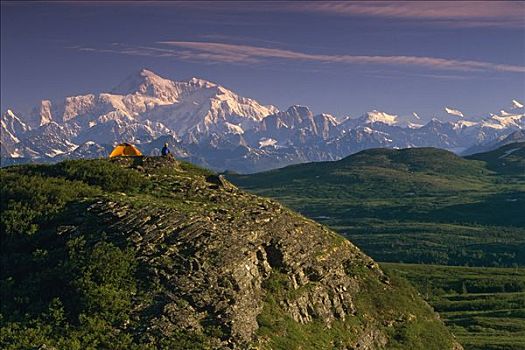 远足者,山脊,德纳里峰,麦金利山,背景,夏天