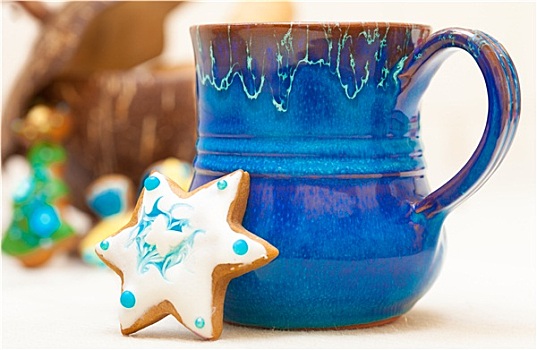 蓝色,大杯,圣诞节,姜饼,蛋糕,星,糖衣,装饰