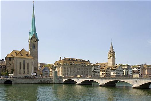 林马特河,苏黎世,瑞士,左边,大教堂