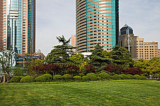 上海浦东陆家嘴的,陆家嘴中心绿地,及周边的现代建筑