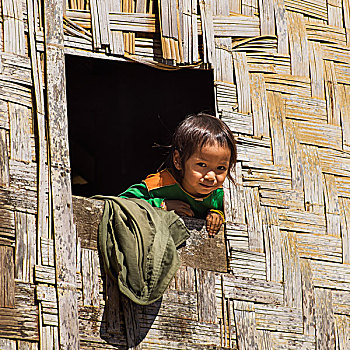 男孩,室外,窗,建筑,编织物,乡村,寺院,清莱,泰国