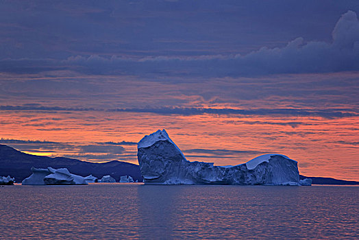格陵兰,东方,冰山,红色天空