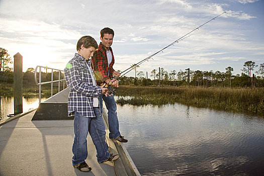 高兴,儿子,父亲,钓鱼,河,侧面