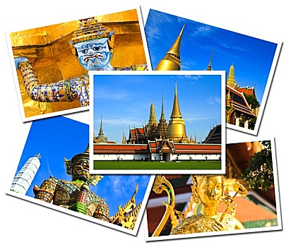 抽象拼贴画,寺院,大皇宫,曼谷,泰国,明信片,隔绝,白色背景,背景