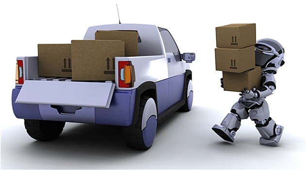 机器人,装载,盒子,背影,卡车