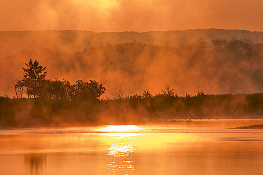 雾,上方,湖,瓦特顿湖国家公园,艾伯塔省,加拿大