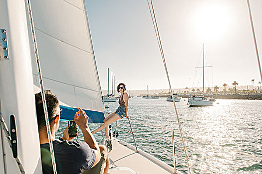 情侣,照相,帆船,圣地亚哥湾,加利福尼亚,美国
