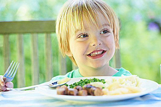 微笑,男孩,吃饭,盘子,食物
