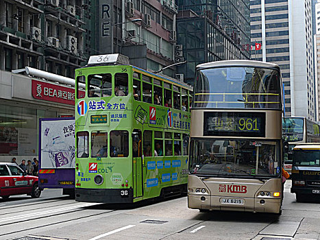 淡绿色,双层巴士,缆车,巴士,香港,亚洲