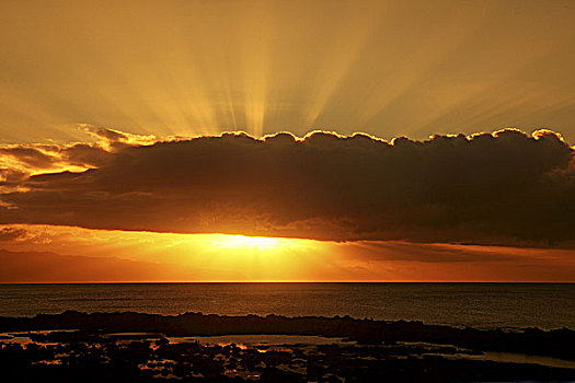 夏威夷,瓦胡岛,北岸,动感,日落,太阳,后面,云,阳光,天空