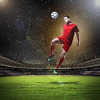 球员,红色,衬衫,惊人,球,体育场,雨