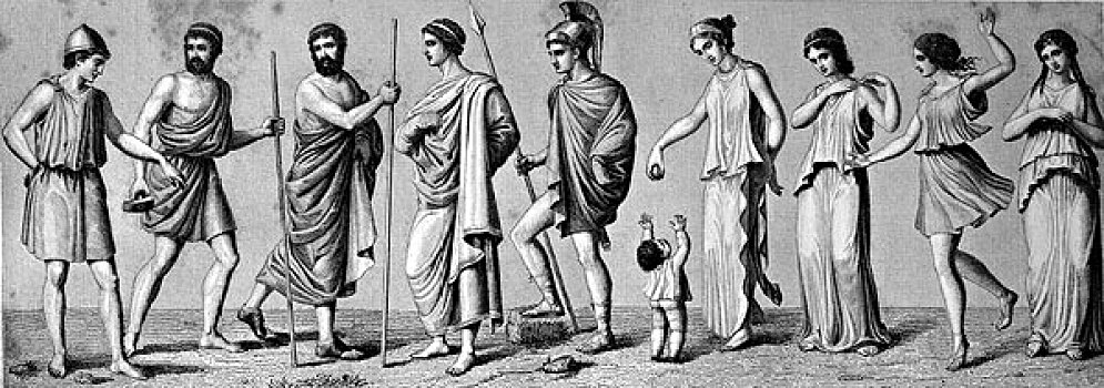 希腊人,服饰,左边,服装,多利安式,一对,历史,插画