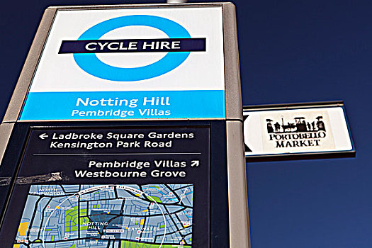 英格兰,伦敦,山,方向,波多贝露市场,自行车,雇用,标识