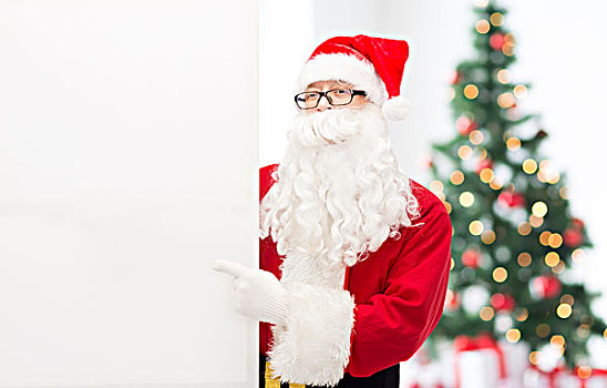 圣诞节,休假,广告,手势,人,概念,男人,服饰,圣诞老人,指向,白色,留白,广告牌,上方,客厅,树