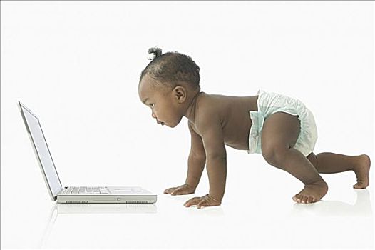 婴儿,看,笔记本电脑