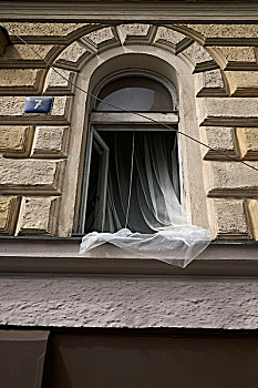 欧洲,捷克共和国,布拉格,建筑外观,特写,打开,窗户,帘