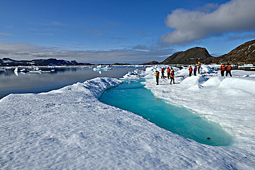 人群,站立,浮冰,峡湾,东方,格陵兰