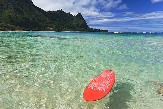 夏威夷,考艾岛,海耶纳,海滩,隧道,红色,冲浪板,漂浮,浅,海洋