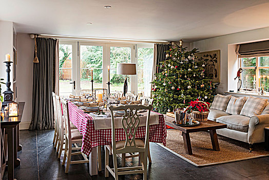 成套餐具,圣诞晚餐,装饰,圣诞树,传统,客厅