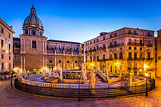 比勒陀利亚,喷泉,广场,光亮,黄昏,穹顶,教会,背景,历史,中心,巴勒莫,西西里,意大利