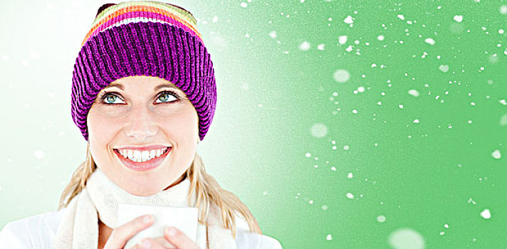 合成效果,图像,微笑,女人,彩色,帽子,杯子,雪