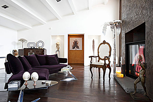现代,紫色,沙发,洛可可风格,椅子,正面,艺术,装饰,壁炉,阁楼,室内,棱纹,天花板