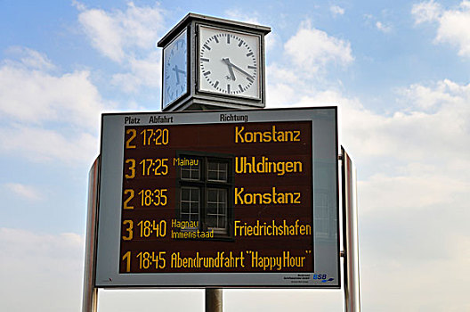 钟表,时间表,离开,船,港口,梅尔斯堡,湖,康士坦茨,巴登符腾堡,德国,欧洲