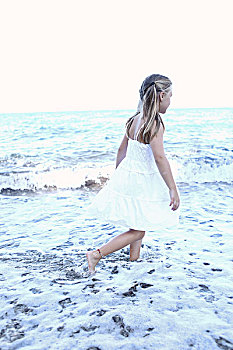 女孩,穿,白色长裙,海滩