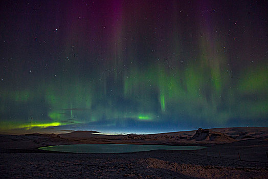 冰岛,北极光,上方,湖,绿色,紫色,星空,南