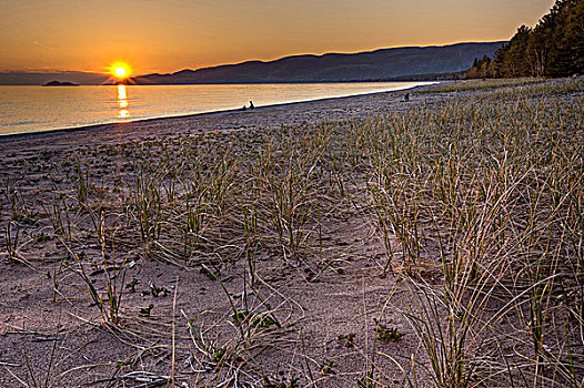 日落,苏必利尔湖,苏必利尔湖省立公园,安大略省,加拿大