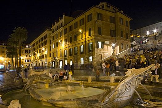 喷泉,西班牙广场,夜晚,罗马,意大利,欧洲