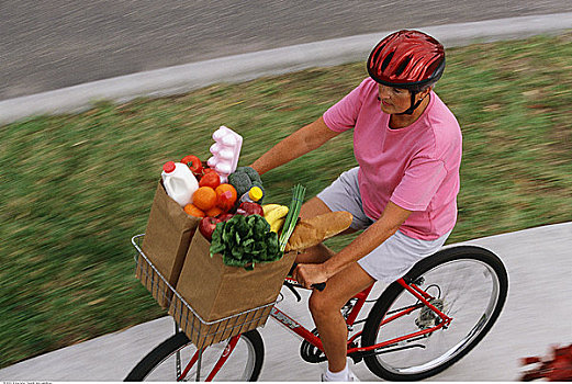 成年,女人,骑,自行车,包,食品杂货
