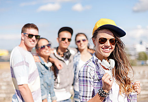 暑假,青少年,概念,少女,墨镜,帽,耳机,休闲,朋友,户外