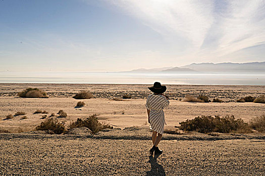 后视图,女人,戴着,太阳帽,看别处,荒芜,海洋,加利福尼亚,美国